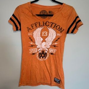 Affliction American customs women’s V-neck, short sleeve T-shirt, orange medium